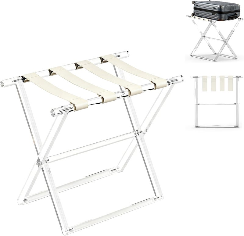 Verssure Acrylic Luggage Rack for Guest Room,Folding Luggage Rack with Leather Straps,Holds up to 120 lbs Suitcase Stand for Bedroom, Living Room and Hotel (Beige Leather) - Image 1